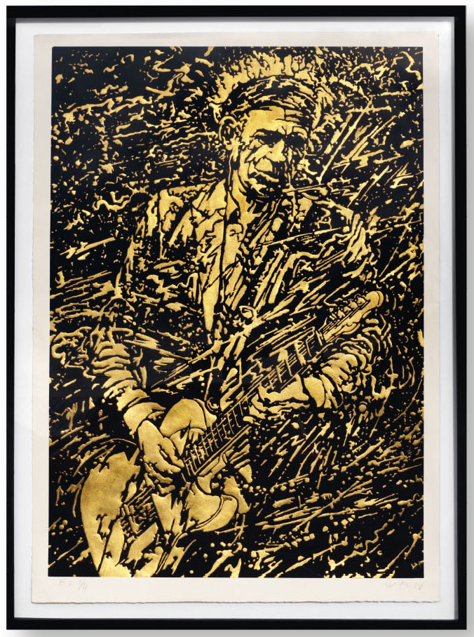 Keith Richards: 3 Expl. Rotgold 24 Karat nummeriert und signiert in schwarzem Holz Distanzrahmen mit Glas 116 x 85,5 x 4 cm; CHF 6000 plus Lieferung.