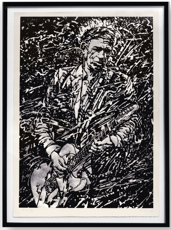 Keith Richards: 2 Expl. Weissgold 24 Karat nummeriert und signiert in schwarzem Holz Distanzrahmen mit Glas 116 x 85,5 x 4 cm 6000 Fr. plus Lieferung